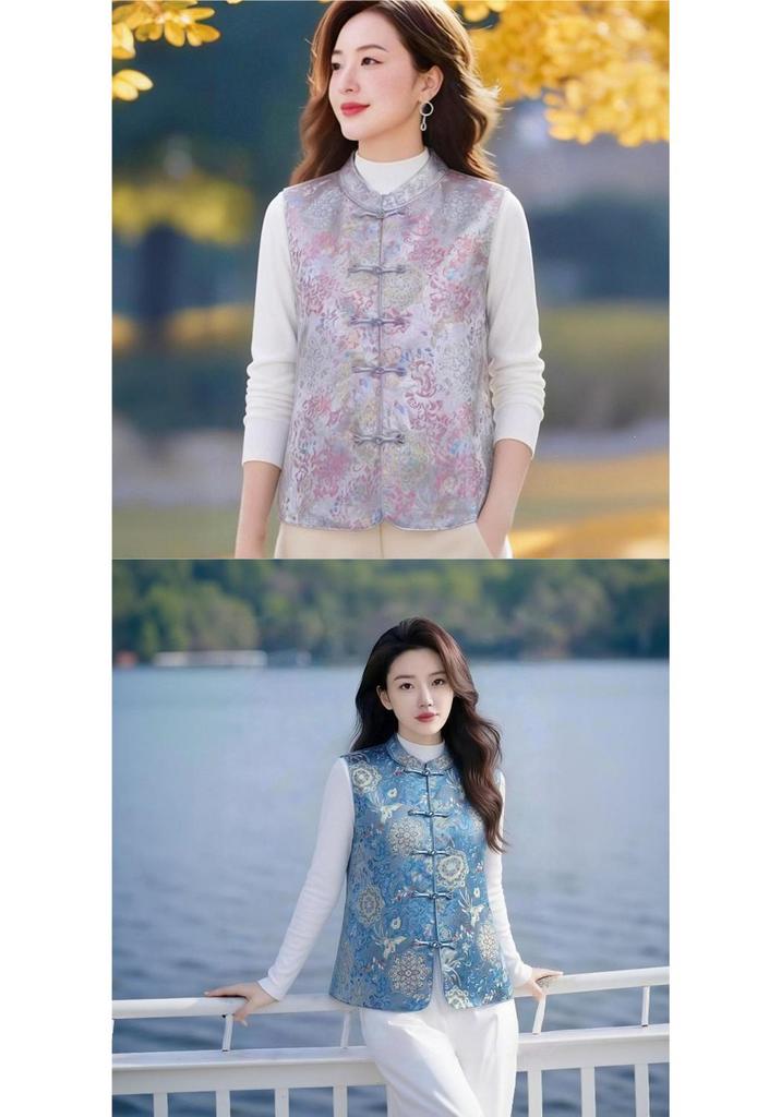 Elegant Retro Jacquard Vest with Frog Button for Moms - Age-Reducing, Stylish Outerwear for Middle-Aged and Elderly Women