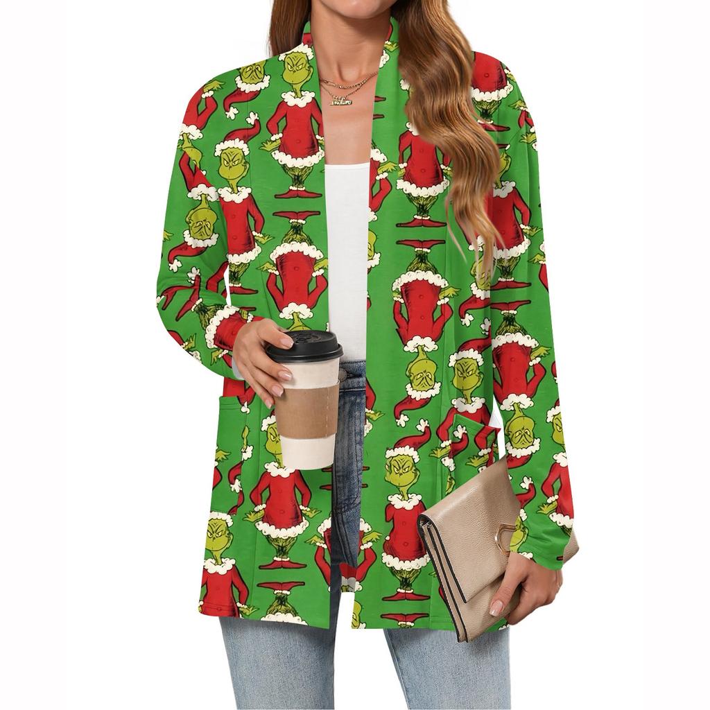 Women's Christmas Printed Lightweight Cardigan Long Sleeved Casual Loose Thin Fit With Pockets Cardigan Jacket