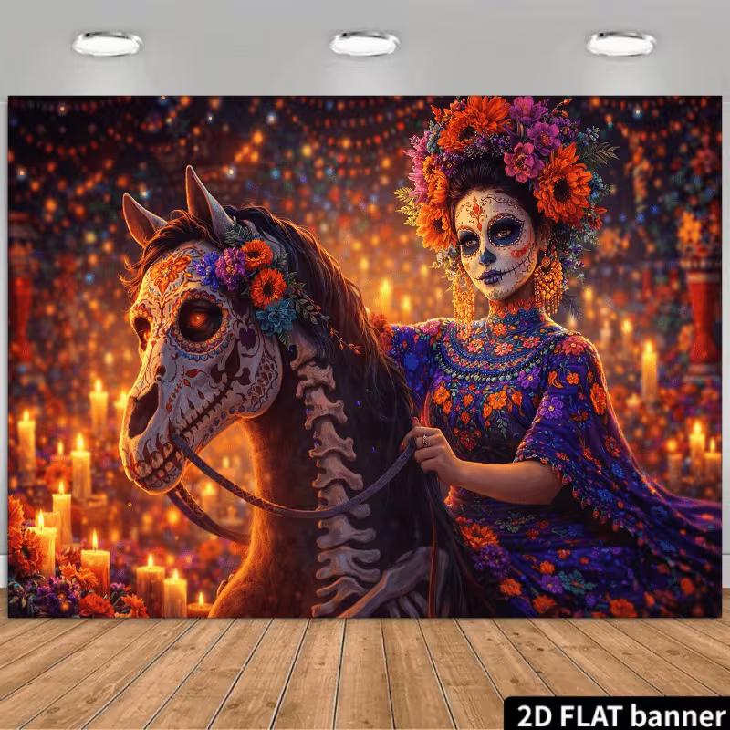 

2D Mexican Day of the Dead Background Banner, Colorful Flowers & Candles Backdrop for Festival Photoshoot 47.2x31.5inch/120*80cm