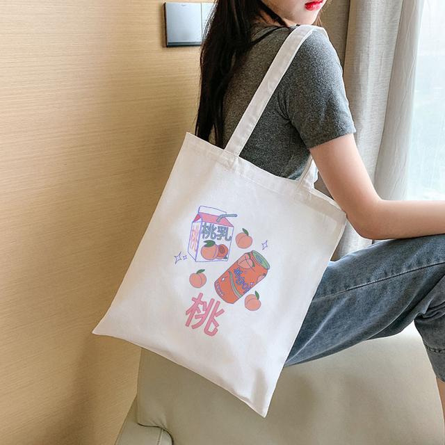 Fashion Women Shopping Bag Peach Milk Strawberry Aesthetic Print Student Book Canvas Bags Reusable Shopper Japanese Kawaii Eco