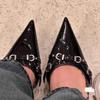 2025 Spring/Autumn Women's Backless Stiletto Sandals with Small Buckle and Pointed Toe, Versatile Curved Patent Leather Heels