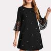 Women Casual Patchwork Tulle Polka Dot Crew Neck Loose A-line Dress