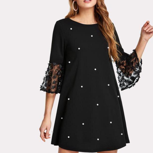 Women Casual Patchwork Tulle Polka Dot Crew Neck Loose A-line Dress