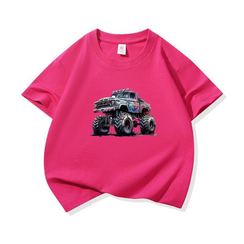 Kids Cotton T Shirt Cool Cartoon Offroad Vehicle Print Crew Neck Short Sleeve Tee Casual Boys Girls Summer Tops