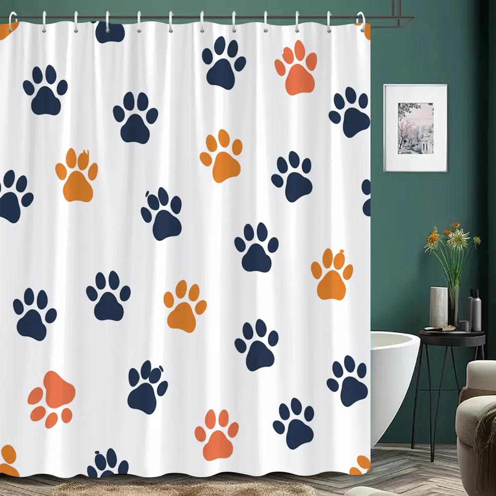 Cartoon Cat Shower Curtain Black and White Line Cat Colourful Footprints Polyester Fabric Home Shower Curtains Bathroom Decor