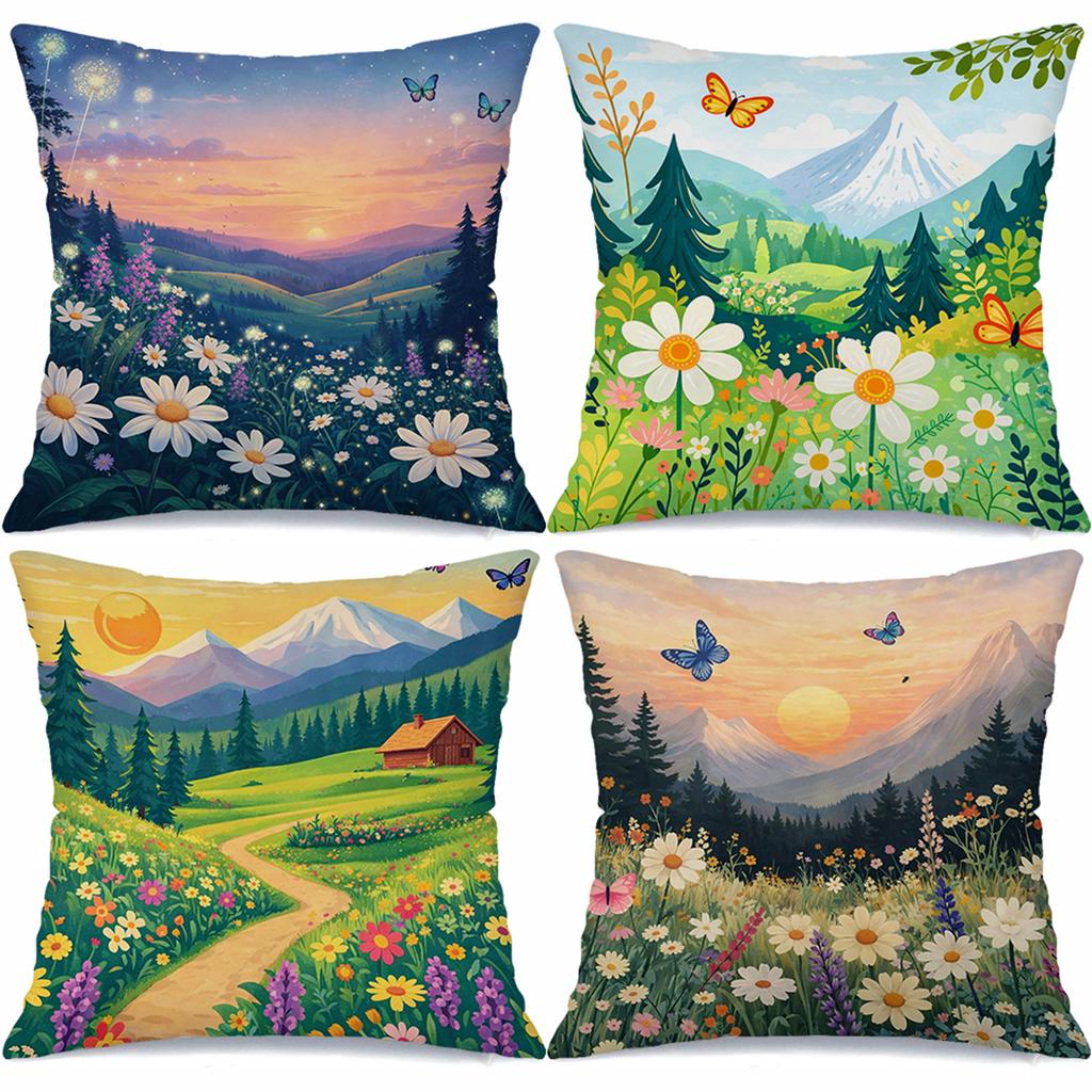 Mountain wildflower pattern digital printing pillow cover Short plush Suitable living rooms bedrooms sofas throw cushion cover