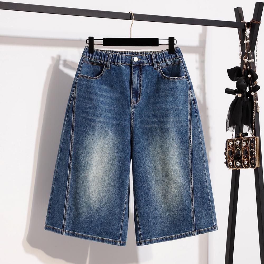 DIMANAF 2026 Sommer Plus Size Damebukser Jeans Underdele Elastisk Talje Oversize Løse Denim Bomuld Ensfarvet Blå Korte Bukser
