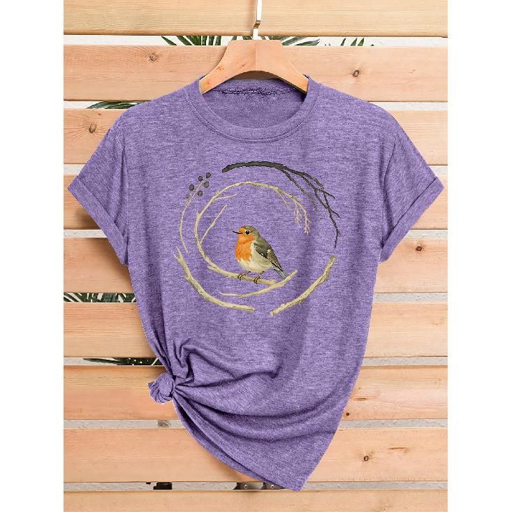 Wren standing in a circular branch pattern print, fashionable and elegant women's spring, summer, autumn casual sports style top, soft and