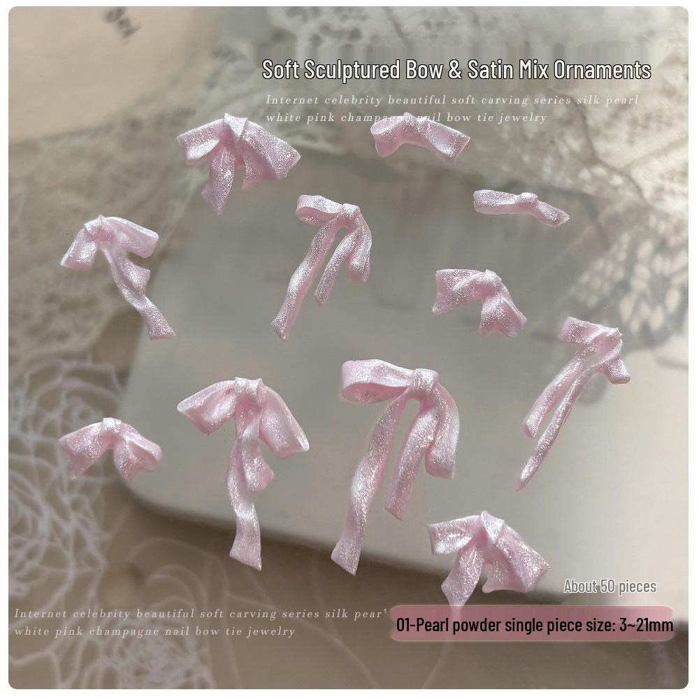 Pearlescent White & Pink Satin Ribbon Bow Nail Art Decorations Mixed Pack