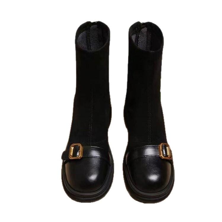 Medium tube Martin boots women's 2025 new autumn and winter velvet British style thick heel small short boots thin velvet single cotton boots