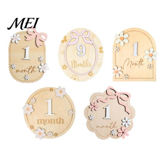 Baby Growth Record Decoration Monthly Milestone Ornaments, Wooden Markers with 3D Bow And Flower Newborn Gift Decoration, Cards for Photos Keepsake