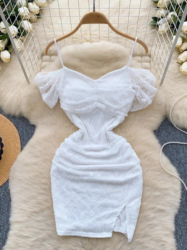 Sommer Korean Street Fashion Kurzes Kleid Frauen Sexy Spitze Offene Gabel Schlank Nachtclub Kleid Weibliche Heiße Mädchen Abend Elegante Kleidung