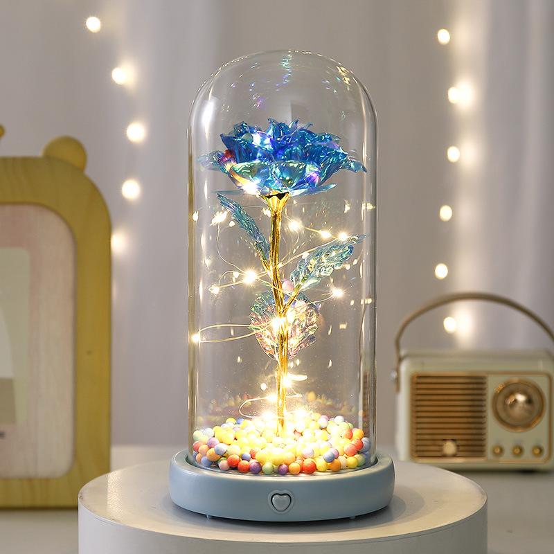 Gold Rose Glass Cover Ornament with Light Music To Send Valentine's Day Women's Day Immortal Flower Creative Gift