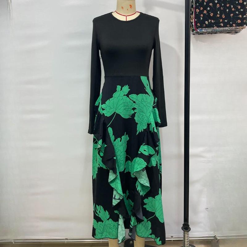 Rochie Casual Elegantă Slim cu Mâneci Lungi de Primăvară pentru Femei, Modă Toamnă, Imprimeu Îmbinat, Rochii Lungi Vintage pentru Femei, Talie Înaltă, Linie A, Rochie Sexy de Petrecere 25943