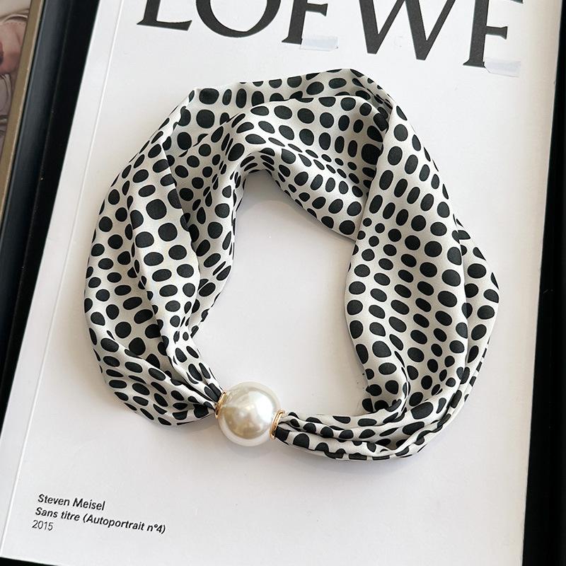 Simple magnetic buckle pearl long silk scarf women's spring and autumn scarf summer printing decorative scarf versatile thin neck protector
