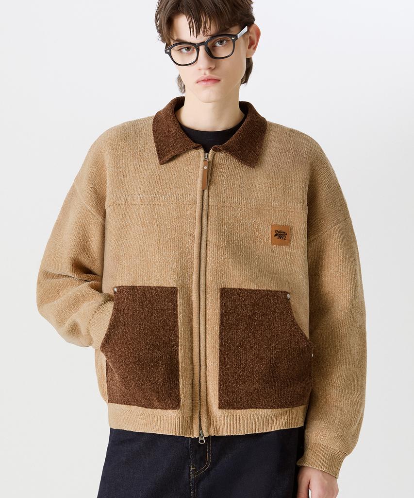 TRILLION Color Work Collar Zip-Up Knit Jacket [Beige]