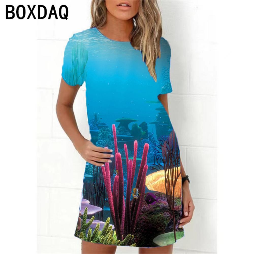 Ocean World 3D Print Dress Women New 2026 Summer Short Sleeve Cartoon Fish A-Line Dress Oversized Loose Casual Ladies Dress