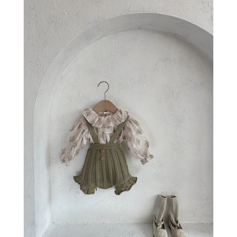 

Baby Autumn and Winter Sweater Suspenders Sweater Ruffles Shorts Baby Girl Onesie Photo One-Piece Romper Korean Green 73 cm