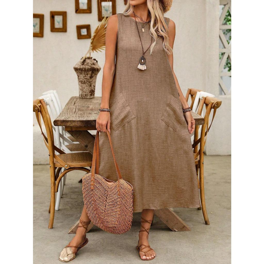 Spring Summer Women's Loose Round Neck Sleeveless Pocket Maxi Dress Casual Pullover Long Dress for Women