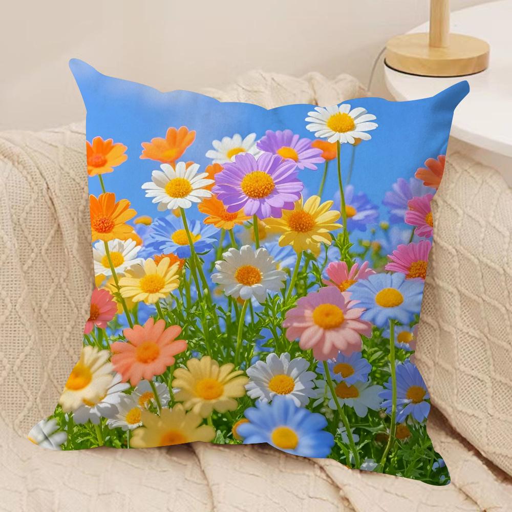 Flower Daisy Cushion Cover Soft Plush Fabric Double-Sided Printed Sofa Cushion Cover for All Seasons Home Decor Gift