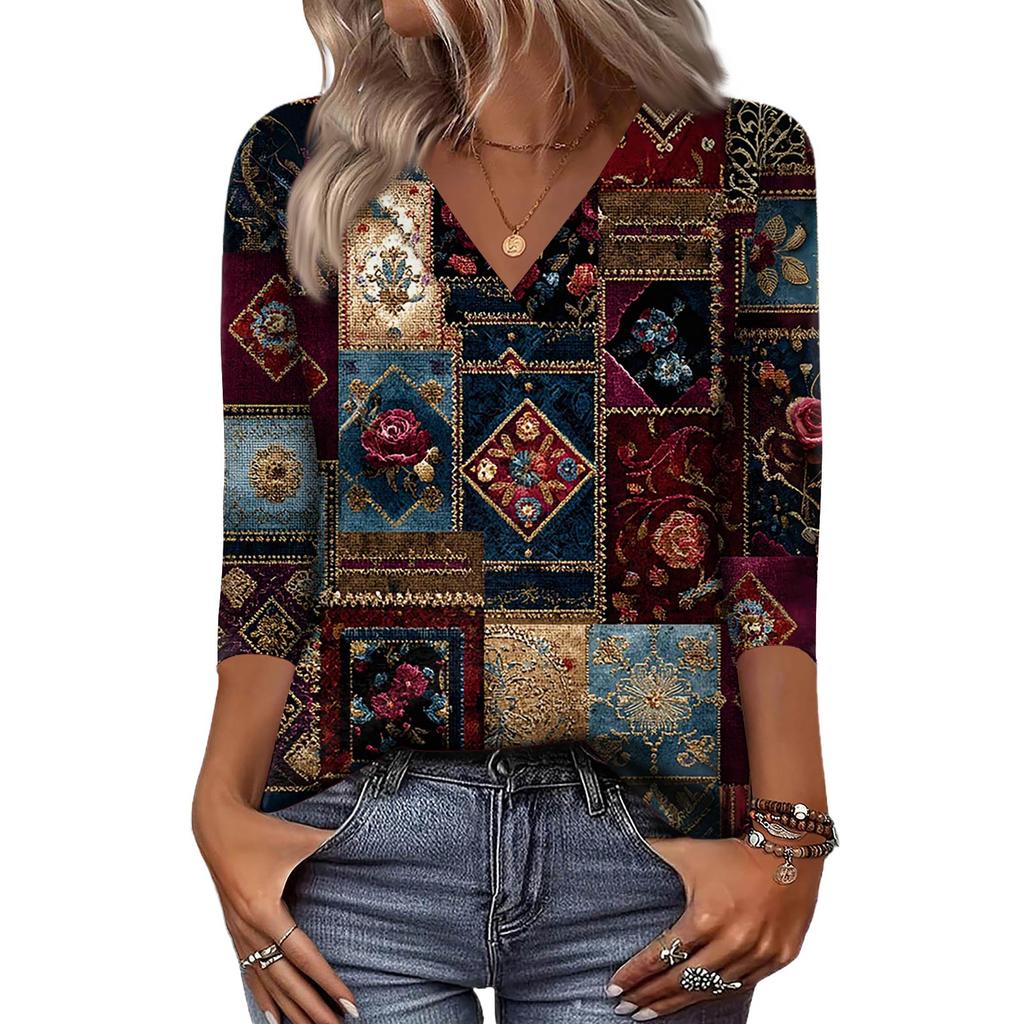 Dámské košile s 3/4 rukávem Topy s výstřihem do V Topy pro volný čas Základní trička Halenka Volné topy