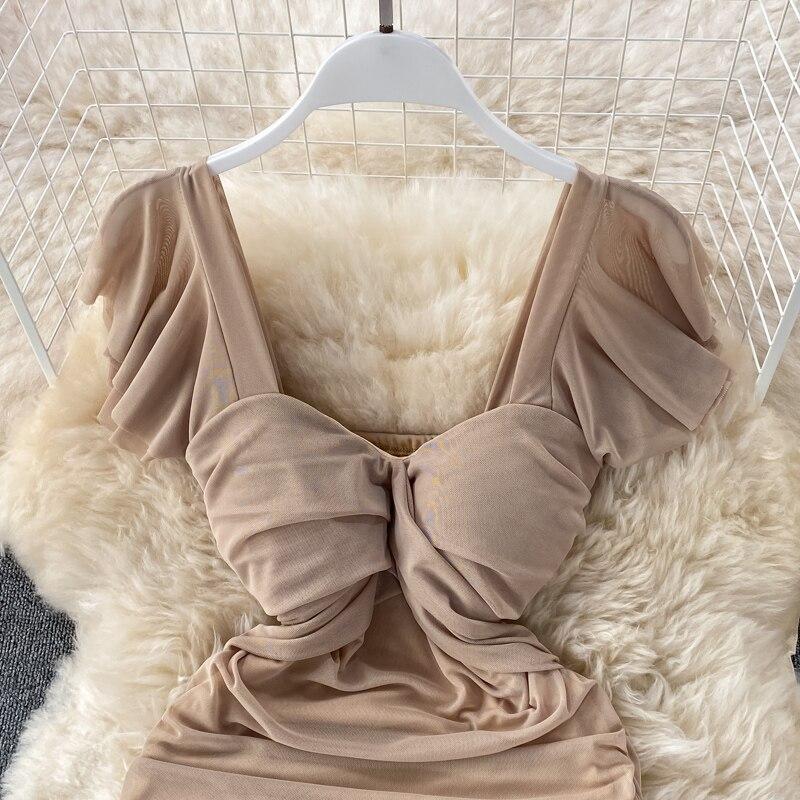 Sexy Short Sleeved High Waist Slimming Pleated Square Collar Wrapped Hip Dress