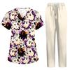 Damen Kostüm Set mit kurzen Ärmeln, Halloween-Print und Taschen - 2-teiliges Oberteil und Hose für Rollenspiele