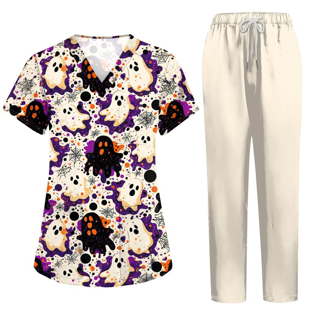 Damen Kostüm Set mit kurzen Ärmeln, Halloween-Print und Taschen - 2-teiliges Oberteil und Hose für Rollenspiele