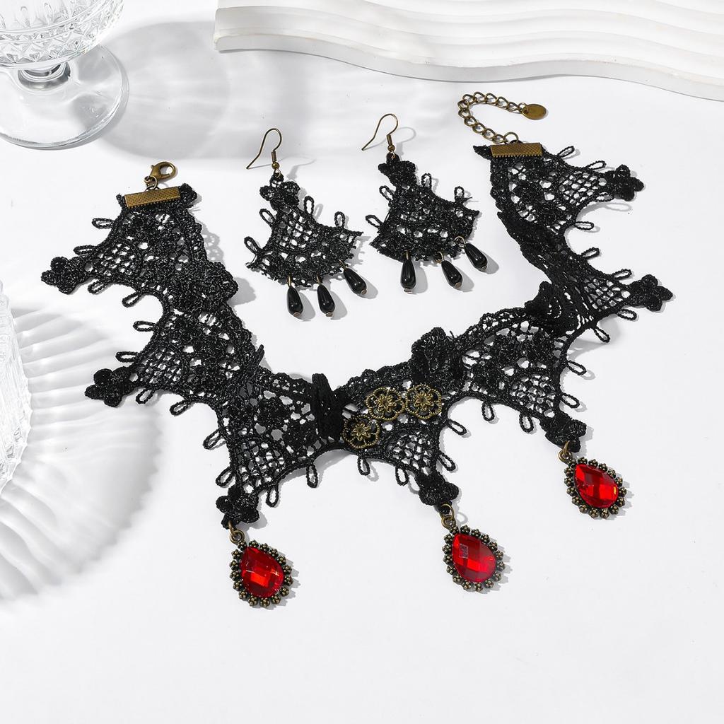 European and American dark style retro niche black lace necklace ruby necklace women's fringed earrings high-end set