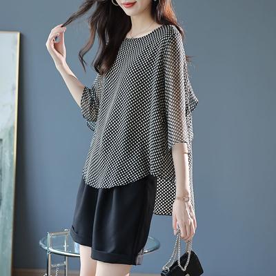 New Summer Style Fashionable Small Shirt Bat Shirt Hidden Flesh Loose Ruffle Printed Three-quarter Sleeve Chiffon Shirt