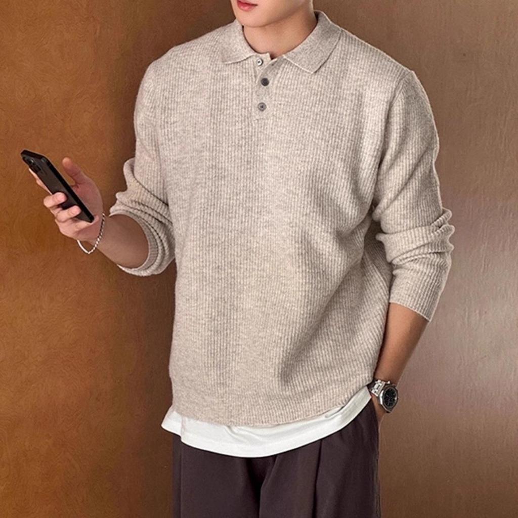 Apricot Retro Polo Collar Men's Sweater - Autumn/Winter Knitwear, Old Money Style Lapel Knit Top