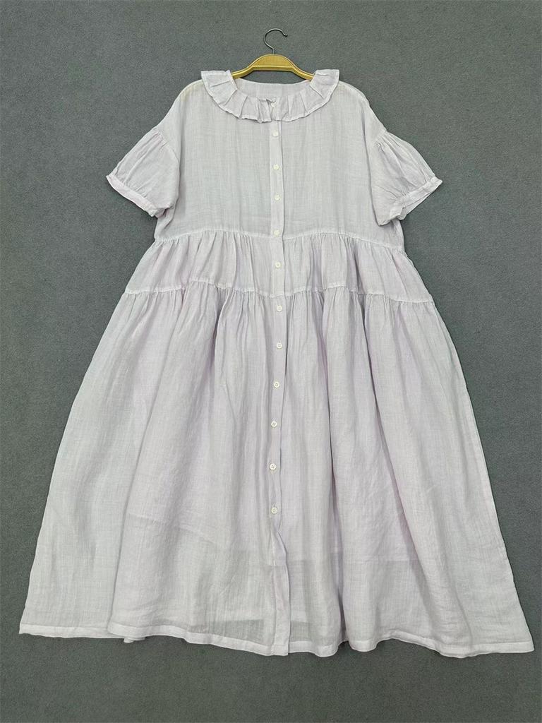 Johnature Japanese Ruffle Neck Dress Women Summer Mori Women Loose Casual Simple Solid Color Dresses