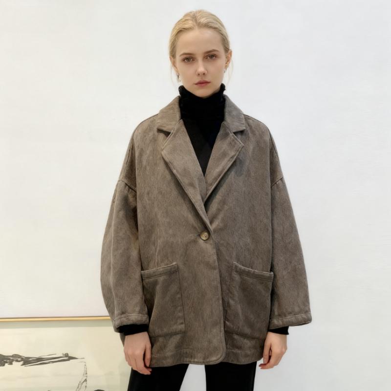 Women's Spring and Autumn Blazer: Retro Twill Cotton Material, Long-Sleeved, Loose-Fit V-Neck Design