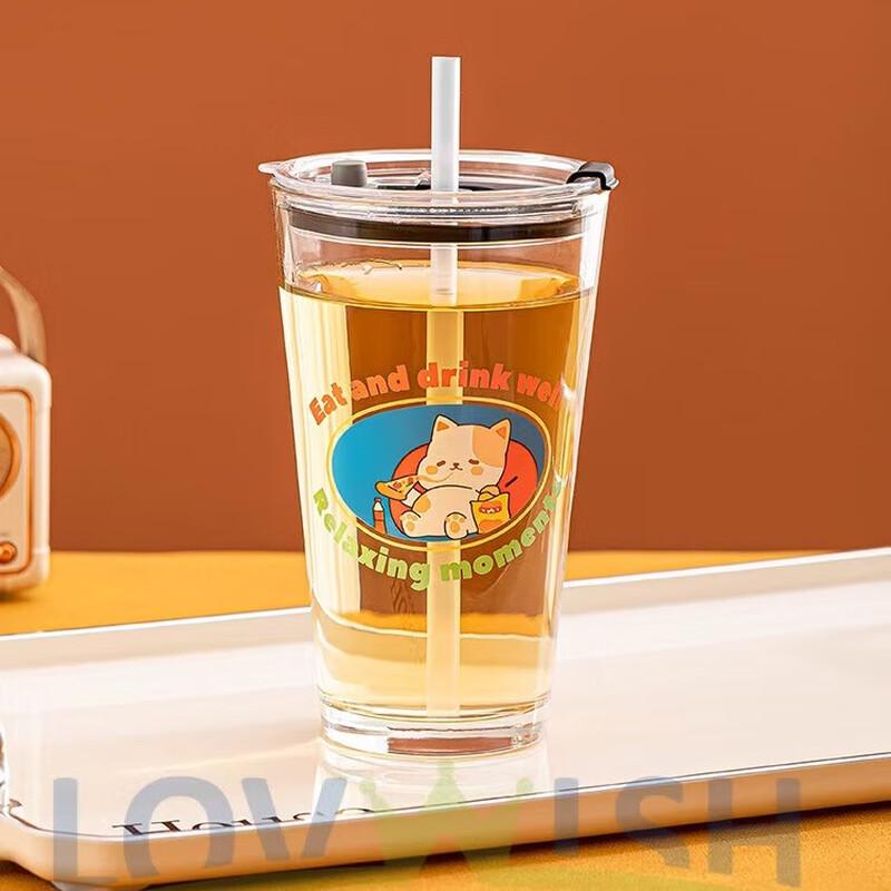 LoveWish Cartoon Glas Milchkännchen mit Strohhalm 440ml