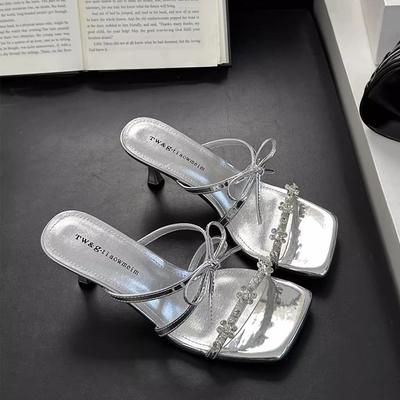 Fairy Rhinestone Bow Sexy Outer Slippers 2025 Summer New Thin Heel Square Head Open Toe Sandals