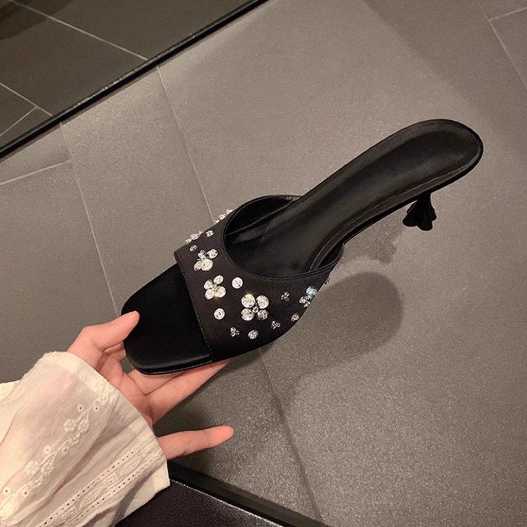 Shoes for Women with Heel Sexy Woman Slippers Square Head Slides Crystals Sandals on Offer Sale Korea Style Wholesale Stylish 39