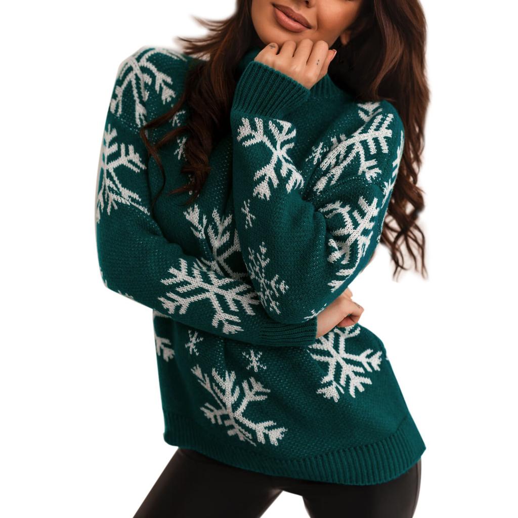 Women's Long Sleeve Turtleneck Christmas Printed Knitted Sweater Top T-Shirt