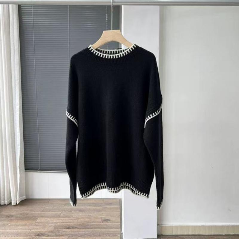 

New autumn and winter black and white contrasting color edge crew neck sweater, simple and versatile loose lazy style knitted sweater L чёрный