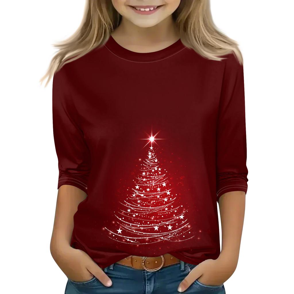 Christmas Day Print Tops For Youth Girls 4-11 Years Round Neck 3/4 Sleeves T-Shirts Trendy Tops Outfit Tees