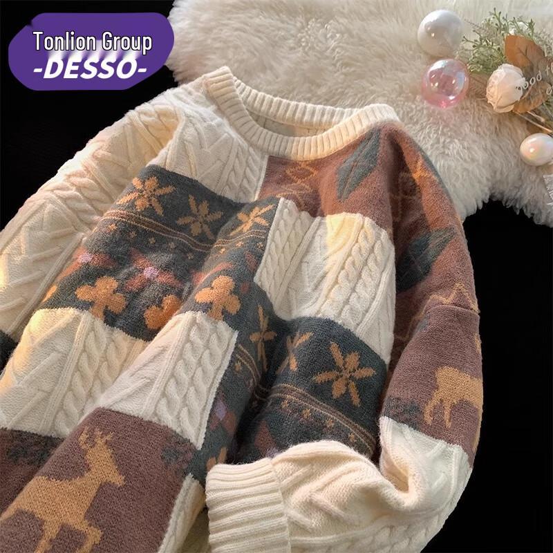 

DESSO Men s Patchwork Crew Neck Warm Sweater L