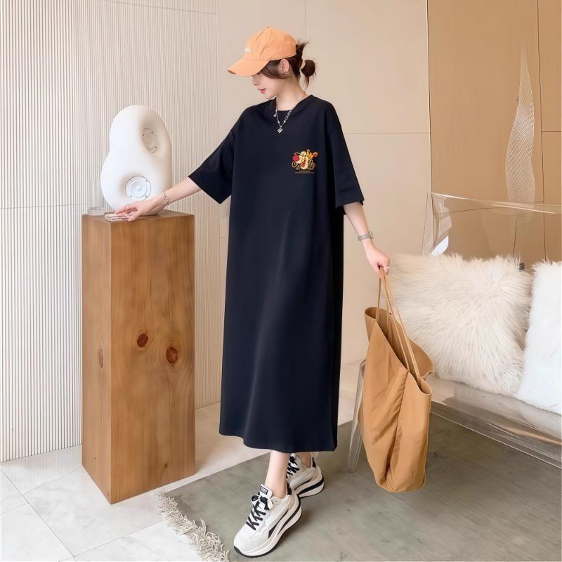 Damen Sommer T-Shirt Langes Überknie-Kleid Locker Schlitz Kurzarmkleid