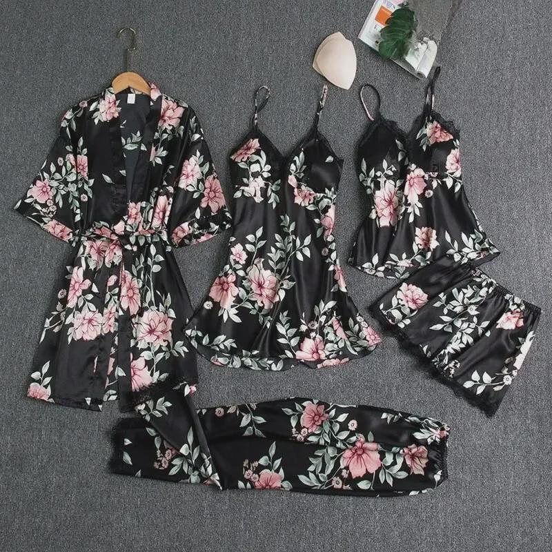 Pijamale de damă din mătase de gheață: Set sexy din cinci piese cu mâneci lungi pentru primăvară, vară și toamnă - mai multe culori