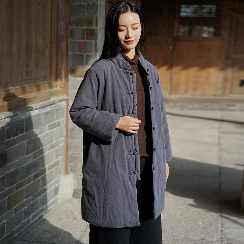 Winter new loose retro stand-up collar buckle linen medium and long cotton-padded women's warm cotton-padded clothes