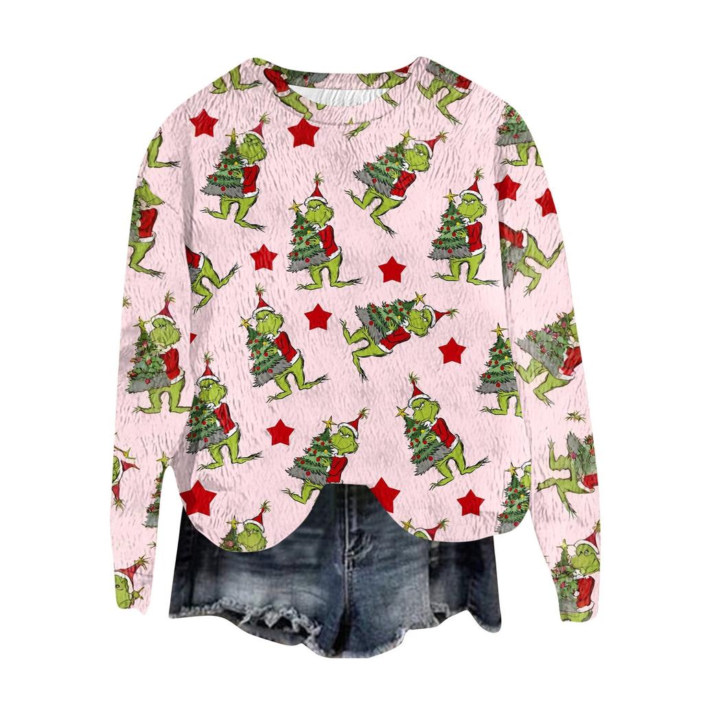 Women's Fashion Round Neck Pullover Top Long Sleeve Tee Christmas Printed Sweatshirt