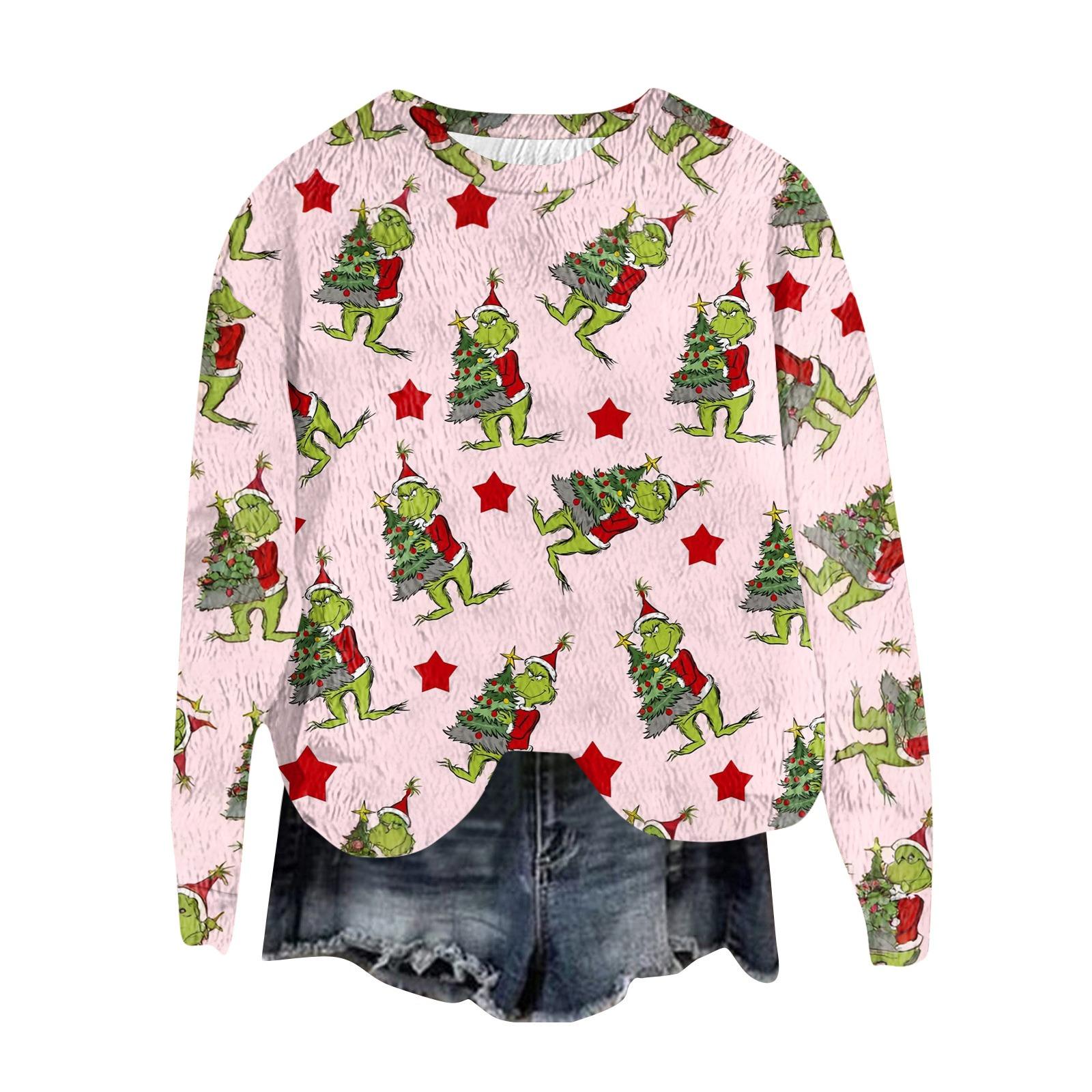 

Женский модный пуловер с круглым вырезом, футболка с длинным рукавом, рождественская толстовка с принтом XL розовый