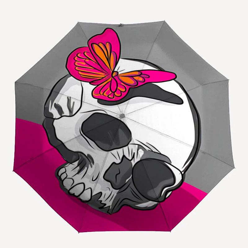 1 Stück Totenkopf Schmetterling Automatischer Öffnungs-/Schließschirm - Kompakter Reiseschirm, Geschenk für Geburtstag, Feiertag yy260106072