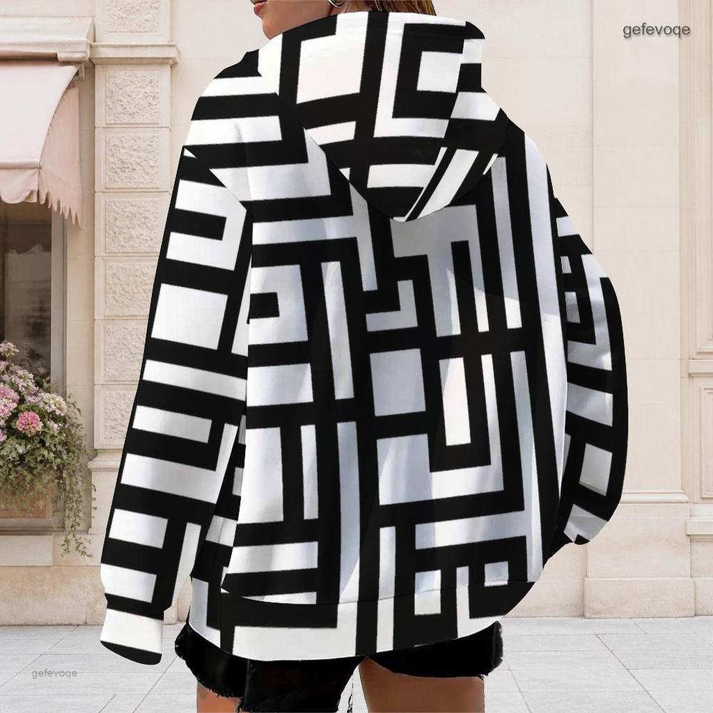 Women Plus Size Zip Up Hooded Sweatshirt Long Sleeve Abstract Geometric Print Drawstring Hood With Pockets