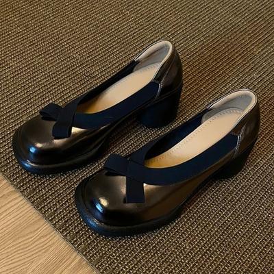 Zapatos de Salón Poco Profundos de Tacón Medio con Lazo Dulce para Mujer Moda Punta Redonda Suela Gruesa Zapatos Mary Jane Cómodos Elegantes Zapatos de Vestir Lolita