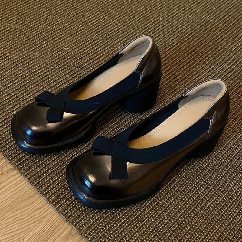 Fashion Sweet Bow Shallow Mid-heel Pumps Women Fashion Round Toe Thick Bottom Mary Jane Shoes Comfortable Elegant Lolita Dress Shoes