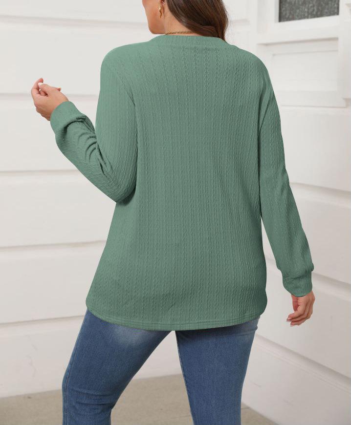 2025 Damen Einfarbig V-Ausschnitt Knopf Langarm Lässiges Mode-T-Shirt für Herbst/Winter